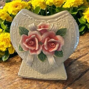 Capodimonte Style 7.5" Vase Heart White Pink Roses Glossy